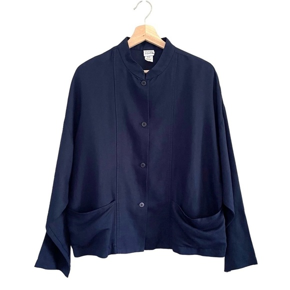 Eileen Fisher Linen Blend Button Front Shirt Topper Jacket Navy Medium - Picture 1 of 11